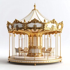 Elegant gold and white carousel with tables and chairs, ready for a whimsical dining experience.