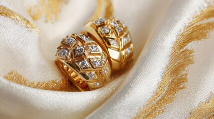 Naklejka premium Gold earrings adorned with diamonds on a luxurious fabric.