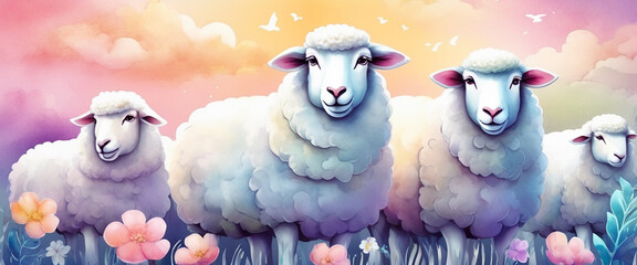 Obraz premium Four fluffy sheep in pastel meadow at sunset. Soft pastel illustration of sheep herd in flower field. Sunset sky over blooming meadow with four sheep. Gentle pastel art of sheep in floral pasture.