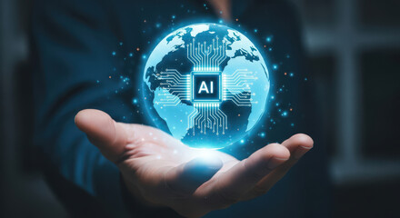 Artificial Intelligence Revolution A Vision of Global Connectivity and Technological Advancement with a Microchip Globe Held in a Person's Hand on a Dark Blue Backdrop