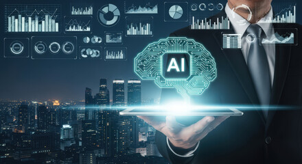 Artificial Intelligence Integration A Businessman Presents a Holographic Brain Symbolizing AI's Role in Business Strategy and Technological Advancement