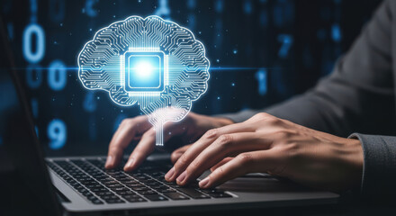 Artificial Intelligence Brain Technology Innovation: A Person Typing on a Laptop with an AI Brain Graphic Overlayed, Representing Technological Advancement and Digital Transformation
