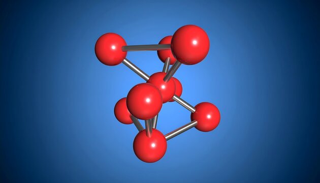 Three dimensional molecular structure design in red spheres on blue background