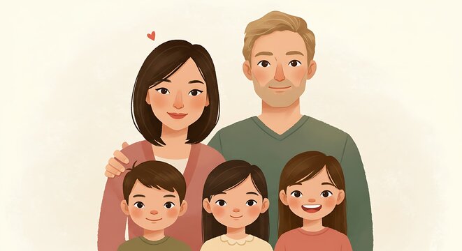 A happy family portrait featuring a mother, father, son, and two daughters smiling together in a warm, loving embrace.