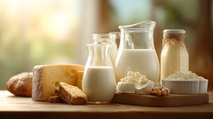 Variety of fresh dairy products arranged on a wooden table, bathed in warm natural light.