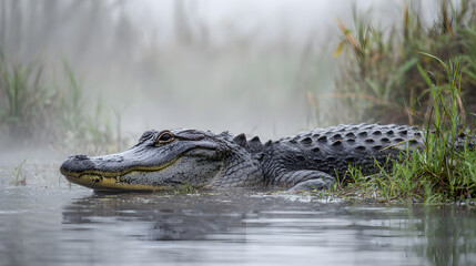Fototapeta premium A watchful alligator rests in the misty swamp its eyes and snout visible above the waterline