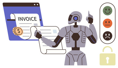 Robot processing invoices online, dollar coin, satisfaction meter with faces, lock icon. Ideal for AI, automation, finance, productivity security data processing business innovation. Simple flat