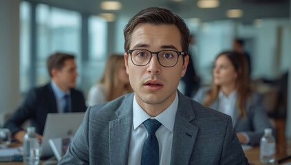 Man in a suit with coworkers in a bright office, perfect for business presentations, team collaboration concepts, corporate websites, and brochures.