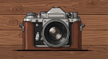 Vintage camera illustration on wood background