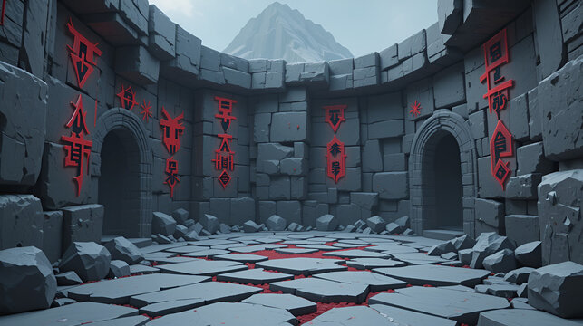 Low-poly 3d game environment featuring rough-hewn grey stone walls adorned with cryptic red magical runes. the shattered stone floor hints at danger ahead. Shattered Glyphs. Illustration