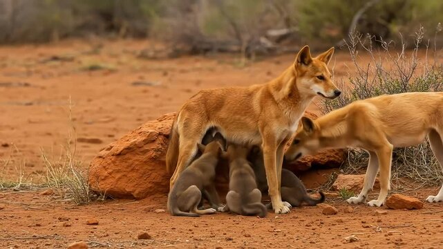 Dingo mother and pups nursing
