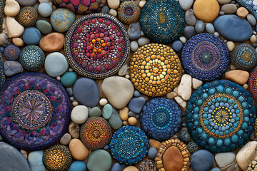 Decorative pebble mosaic artwork with colorful stones