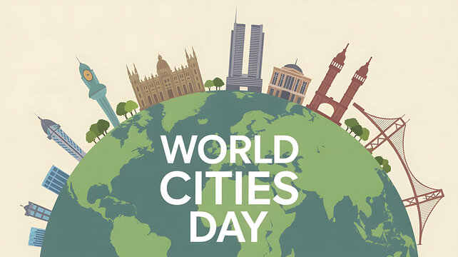 Minimalist flat vector illustration of iconic world landmarks in circular globe layout, pastel colors, celebrating World Cities Day poster design