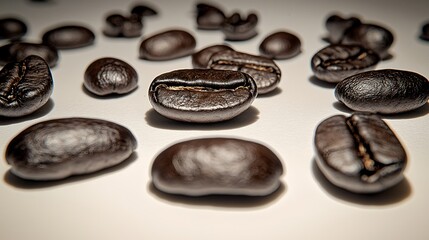 Detailed image of coffee beans spread uniformly across white surface, taken with mirrorless camera and 50mm lens, natural lighting accentuates color variation and surface detail