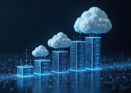 Digital structures growing with clouds, illustrating scalable cloud computing, data infrastructure, and technological advancement.