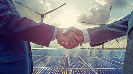 Business handshake with solar panels backdrop symbolizing renewable energy deals, corporate partnerships and sustainable investment opportunities in green technology sector.