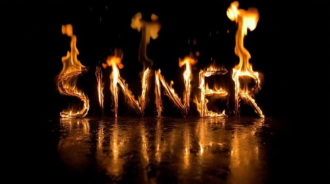 Sinner in animated fire letters - burning type treatment of word or phrase - sensual love or religious sin and desire concept - flames surround letter on black background fires of hell - sin, sinful