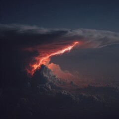Fototapeta premium Striking red lightning illuminates the night sky dramatically.