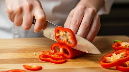 Chef slicing red bell pepper on wooden cutting board in kitchen - Powered by Adobe
