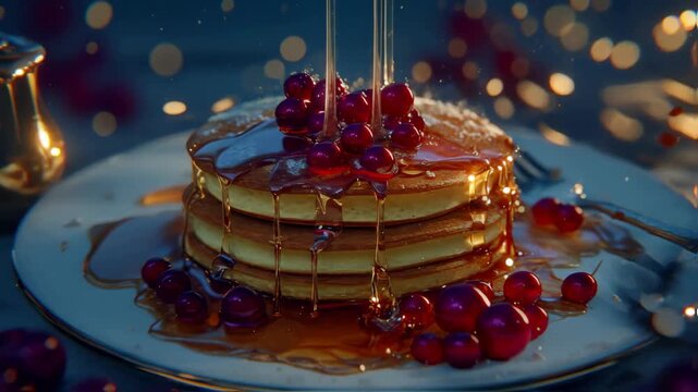 Delicious layered chocolate cake topped with berries on a festive plate.