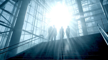 Silhouetted Figures Ascending Stairs in Modern Glass Building Bright Lighting, motion blur Business concept, motion bokeh background
