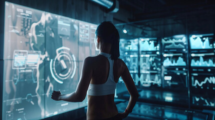 Athletic woman exercising in high-tech fitness facility with multiple monitoring screens displaying workout data and performance metrics