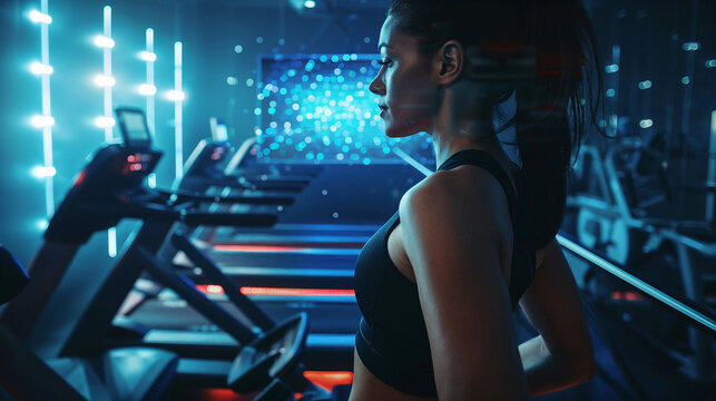 Athletic woman running on futuristic treadmill in high-tech gym with neon lighting, representing modern fitness technology and advanced workout equipment innovation.