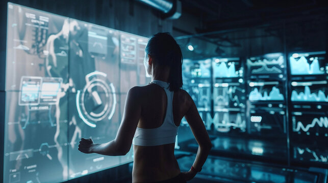 Athletic woman exercising in high-tech fitness facility with multiple monitoring screens displaying workout data and performance metrics