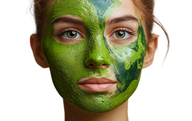 Excited Woman Wearing Green Face Paint in the Shape of a Tree to Celebrate Nature and Creativity isolated on transparent background PNG