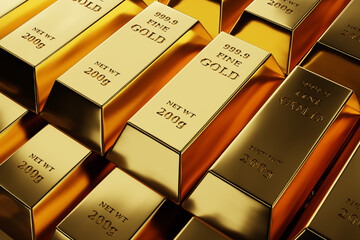 Close-up of stacked gold bars marked 999.9 fine gold, representing wealth, finance, banking, investment, precious metals trade, bullion storage. 3d image.