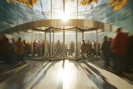 Blurred People Entering Revolving Door With Bright Sunlight, motion blur Business concept, motion bokeh background