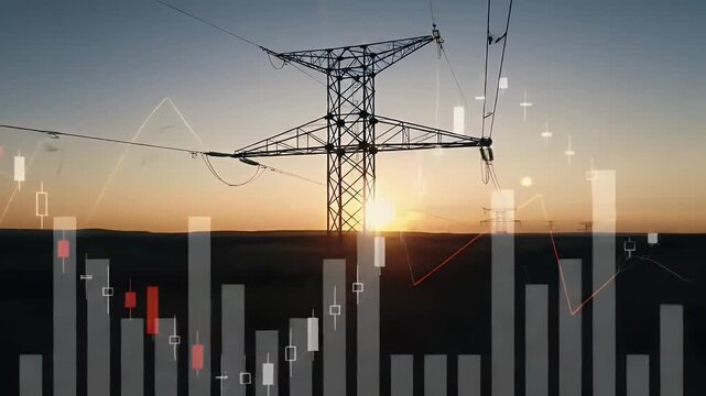 Power Transmission Tower Silhouette at Sunset with Overlaid Stock Market Chart - Powered by Adobe