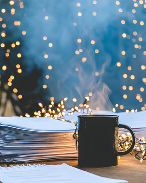 Steaming Coffee Cup on Desk with Papers and Warm Bokeh Lights, motion blur Business concept, motion bokeh background
