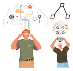 Two men illustrate brainstorming and idea generation with gears, lightbulb, and networked paths in a cloud. Ideal for innovation, creativity, problem-solving, teamwork, technology, education simple