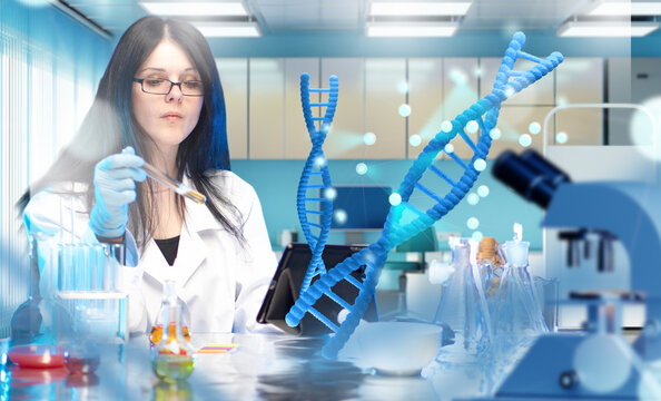 Scientist in laboratory conducting genetic research with DNA structures, using advanced biotechnology for medical and molecular biology studies. Genetics, Biotechnology, Molecular Biology.