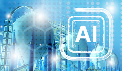 Large spherical storage tanks with futuristic digital overlay symbolizing artificial intelligence integration in chemical production, energy, manufacturing 3d image
