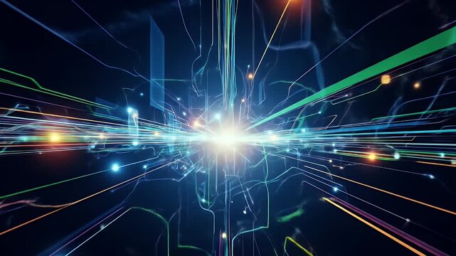 Abstract visualization of glowing lines converging towards a bright central light source