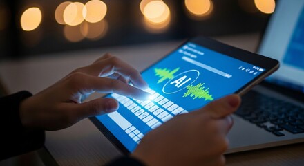 Person using tablet displaying artificial intelligence ai interface with data analysis and futuristic graphics