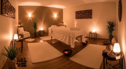 Tranquil Spa Room Interior with Massage Bed, Aromatic Diffusers, and Cozy Ambiance