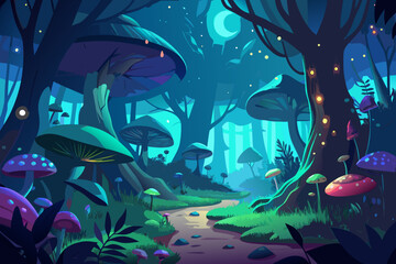 Fototapeta premium Enchanting mushroom forest landscape with glowing fireflies under a magical moonlit sky, perfect for fantasy book covers, game backgrounds, and whimsical designs