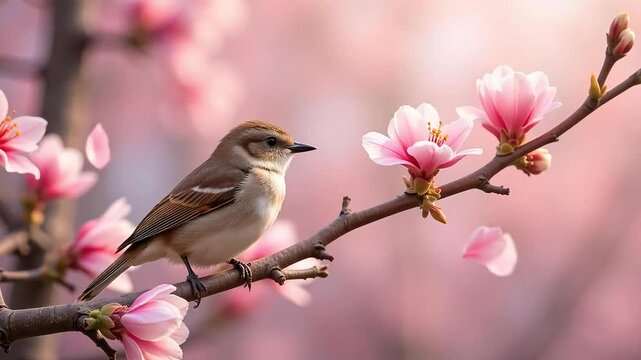 Sparrow perched on flowering branch in stunning spring bloom, petals fluttering gently in breeze