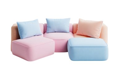 Contemporary modular seating design with floating pastel toned elements in elegant setting isolated on transparent background PNG