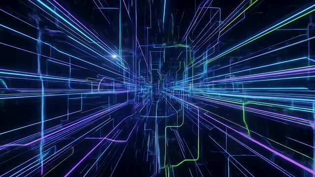 A dark abstract digital space with neon light lines