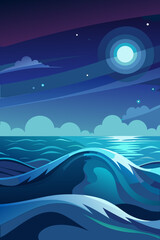 Serene night ocean view with the bright moon, a stunning seascape that captures the mystery and beauty of the sea, perfect for travel, relaxation, or dreamy backgrounds