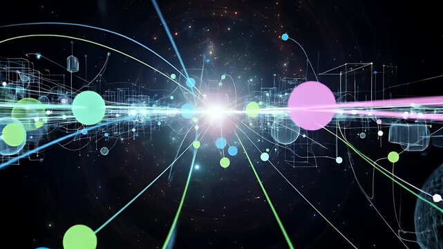 Abstract network of glowing lines and spheres in a dark cosmic background