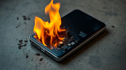 Mobile phone battery overheated burning flames. Smartphone on fire. Burning smartphone with bad battery exploded or overloaded processor 4k video Overprocessed burn