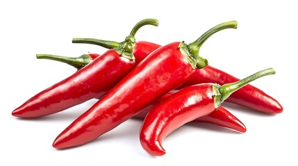 Vibrant red chili peppers arranged crossing each other on seamless white backdrop, captured with mirrorless camera and 50mm lens, sharp focus on glossy skin texture and rich color saturation
