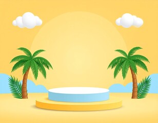 Obraz premium Summer podium, coconut trees, beach umbrella, banner design, cloud and sky on yellow background, 