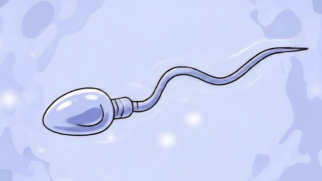 Illustrative depiction of a light blue sperm cell with head and tail on a soft blue background with faint shapes and bright spots