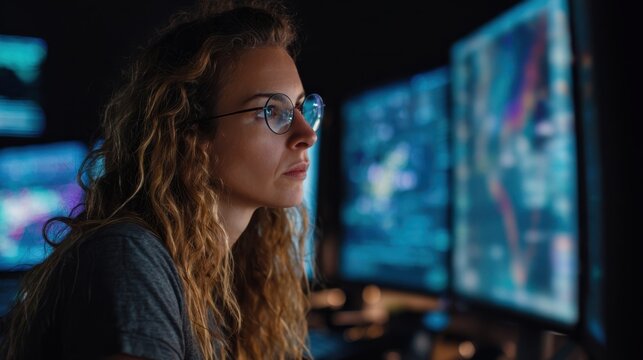 Female software engineer with eyeglasses working late at night, focusing on analyzing code and data displayed on multiple computer screens in a dark office environment - Powered by Adobe